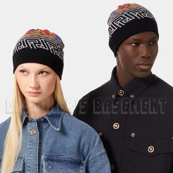 VERSACE Medusa Renaissance Greca Pattern Logo Intarsia wool blend Beanie hat NWT - Picture 6 of 7